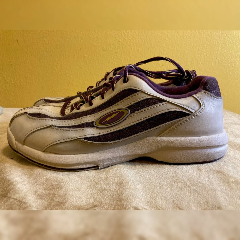 Storm Sliderite purple and white bowling shoes with purple and gold laces ck are